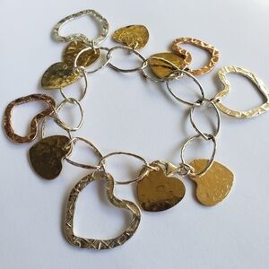 Vermeil Stirling Silver Tri-Colored Hammered Heart Link Chain Bracelet